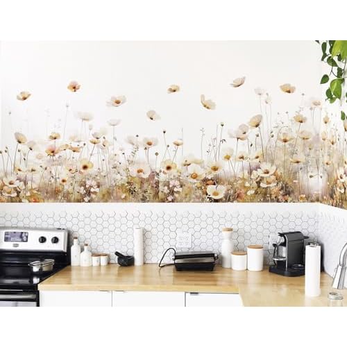 3D Removable Flowers Wall Decals Peel and Stick Floral Plants Wall Stickers Vinyl Wildflower Grass Wall Stickers Mural Art Decor for Nursery Bedroom Living Room Home Kitchen