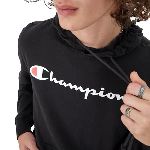 Champion Men’s Long Sleeve T‑Shirt Hoodie - Small Black Classic Script Logo (Retired Colors)