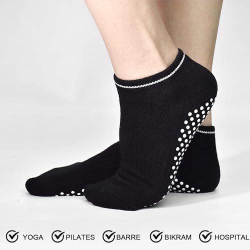Non-Slip Yoga Socks for Women - Anti-Skid Grip for Pilates - 4-Pack Black