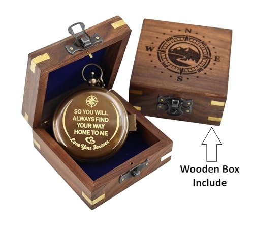 Brass Sundial Compass in Wooden Box with Engraved Message – Romantic Keepsake Gift