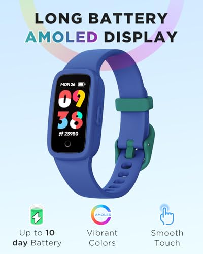 Kids Fitness Tracker Watch - AMOLED Screen, Waterproof, Blue