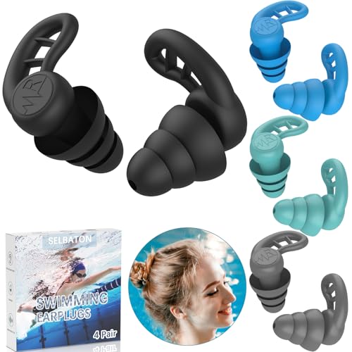 Reusable Silicone Waterproof Swim Ear Plugs - 4 Pairs (Black, Gray, Blue, Green)