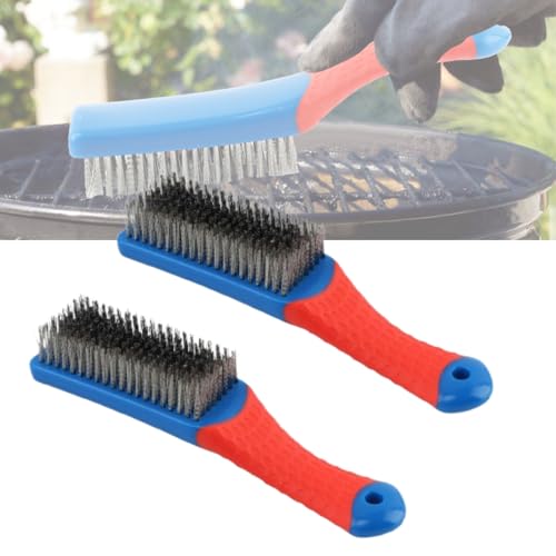2 Pack Wire Brushes for Cleaning, 6.3inch Steel Wire Scratch Brush Heavy Duty Metal Wire Brush Cleaning Tool with Handle Grip(Blue+Red)