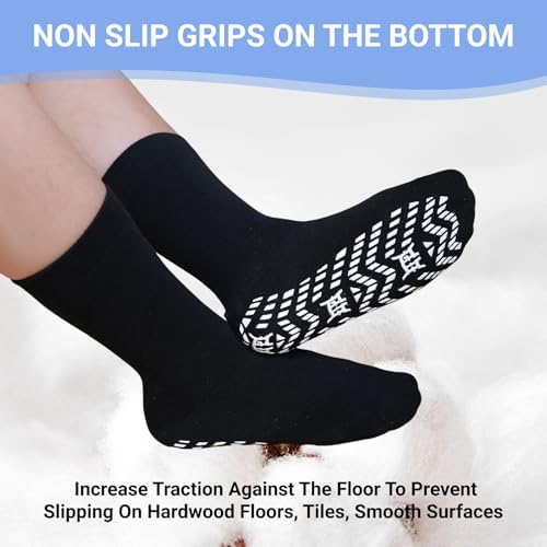 CaiDieNu Non-Slip Grip Socks for Men Black 11-13 Cushioned Cotton Crew Socks