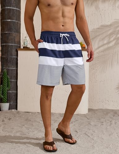 Lzzidou Men's X-Large Navy White Striped Swim Trunks with Mesh Lining