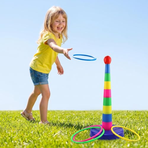 Ring Toss Game Set - 9 Soft Plastic Rings & Rainbow Cup