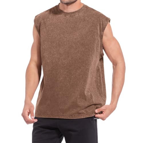 Muscle Cut Off Tank Top for Men - Acid Wash Cotton Tee - Coffee / XX-Large