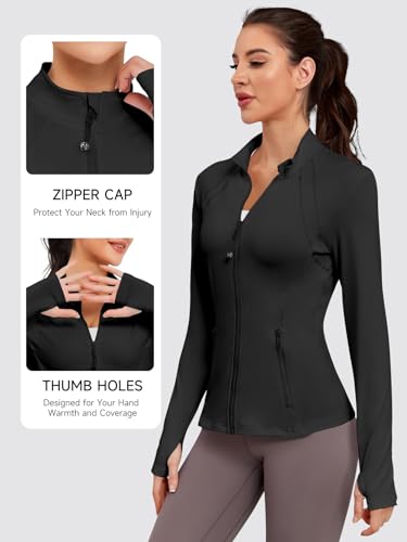 Women’s Fitted Athletic Jacket - Black Small | Zip Up Track Coat with Thumb Holes & Pockets