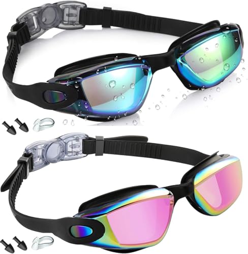 Blue & Pink Swim Goggles - 2 Pack Anti-Fog UV Protection Wide View for Adults & Youth