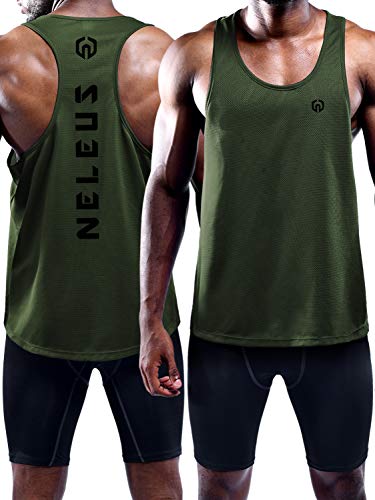 Men's 3 Pack Dry Fit Y-Back Muscle Tank Gym Shirt - Large, Black/Grey/Olive-Green
