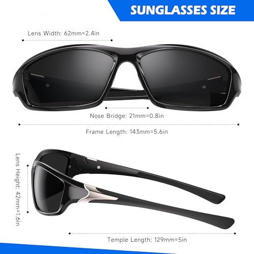 Polarized Sports Sunglasses for Men - Black Frame/Grey Lens