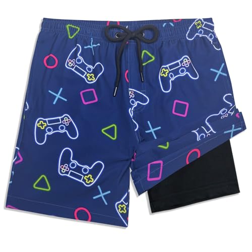 LUCOWEE Boys Swim Trunks - Gamepad Blue 10-12 / Soft Lined Quick-Dry UPF50+