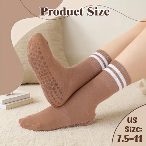 6 Pack Striped Pilates Grip Socks for Women - Non-Slip Yoga Socks Size 7.5-11