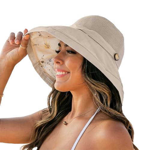 Women's Mesh Sun Hat - Foldable Beach Bucket Cap with UV Protection - Medium Beige
