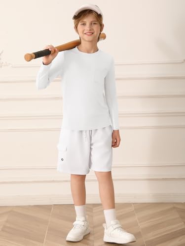 Boys Athletic Long Sleeve Shirt - Dry Fit Performance Tee with Pocket, White, 13-14 Years