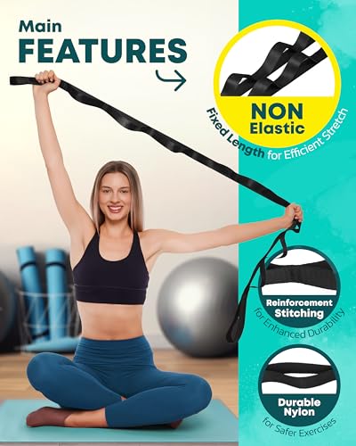 Non-Elastic Yoga Strap with 10 Loops - Stretching Band for Flexibility - Black