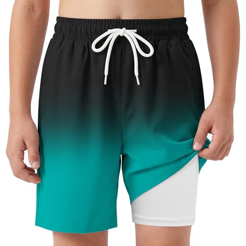 Boys Swim Trunks UPF 50+ Quick Dry Board Shorts - Gradient Emerald, 14-16 Years