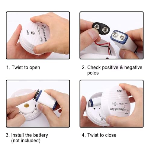 WER Water Leak Alarm Sensor, Battery Operated Leak Alert, 90dB Water Detector for Basements, Bathrooms, Laundry Rooms, Kitchens, Garages and All Office Areas (Shipped Without Battery, 4 Pack)