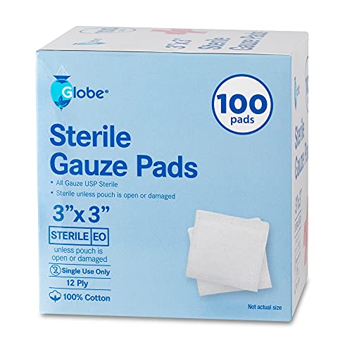 Globe Sterile Gauze Pads 3x3 Inches, 12-Ply Cotton, Individually Packaged, 100 Count
