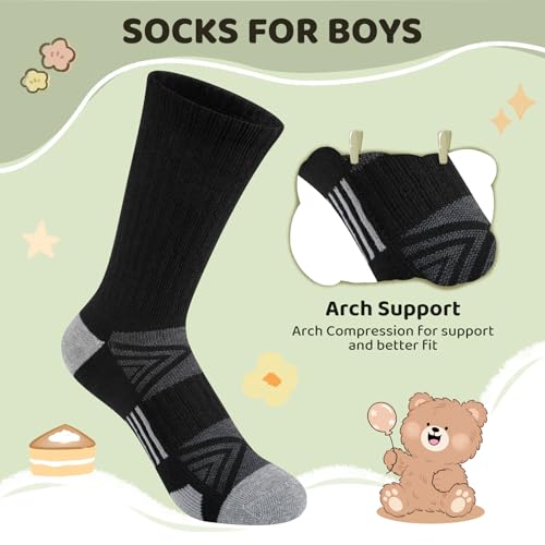 Comfoex Kids' Athletic Crew Socks 10 Pairs for Boys 4-10 Years, Black, Cushioned Sole