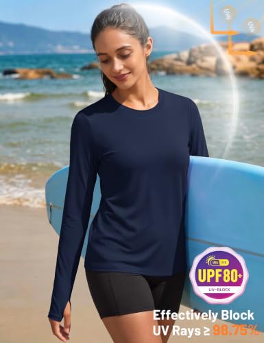 MAGCOMSEN Women’s Rash Guard Tshirt UPF 80+ Sun Shirt Swim Top – Navy Blue, Medium