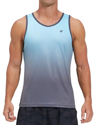 EZRUN Men's Quick Dry Tank Top Pack of 3 - UPF 50+ Sweat-Wicking Gym Shirts, Large, Gradient Blue/Sapphire/Grey