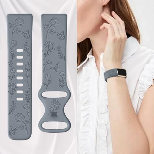 Floral Engraved Fitness Tracker Band for Charge 6/5 - Blue Gray