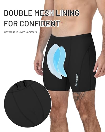 Men's Swim Jammers - Athletic Square Leg Shorts, UPF 50+, Medium Black