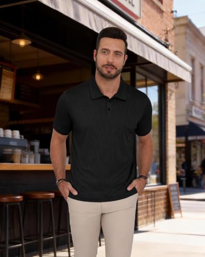 Mens Textured Polo Shirt - Short Sleeve Golf Shirt - Large - Black