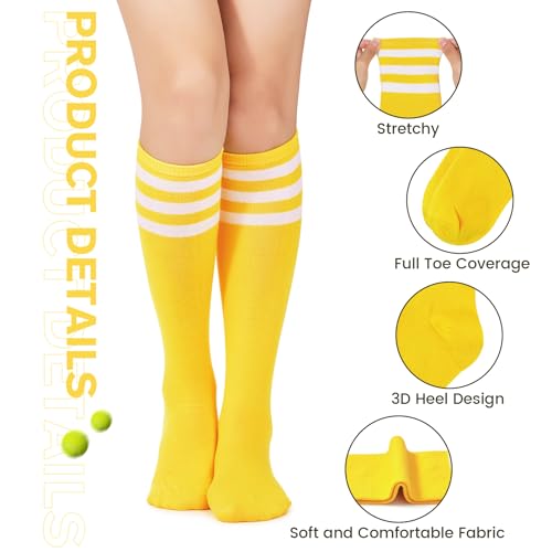 Knee High Sport Socks for Women - Long Stripes, One Size, Yellow & White