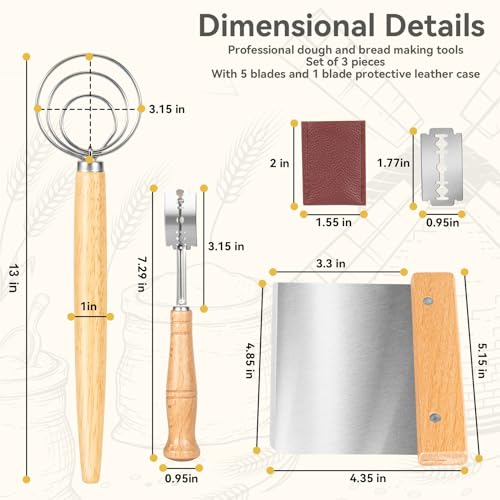 Danish Dough Whisk Set of 3 - Bread Making Tools Including Dough Scraper & Scoring Tool - Dough Making Tool Set