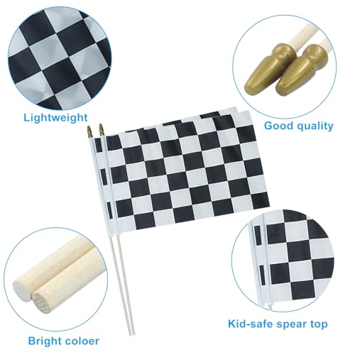 Checkered Racing Mini Stick Flags - 5x8 Inch Handheld Flags, 2 Pack