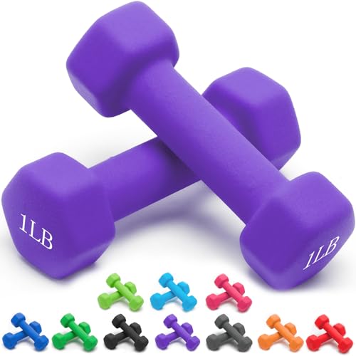 Portzon 1lb Purple Neoprene Dumbbells Set of 2 - Anti-Slip, Hex Shape, Compact