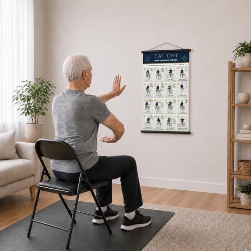 Tai Chi Chair Workout Chart for Seniors - Dark Blue Seated Exercises