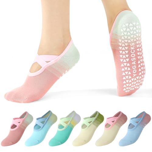 6 Pairs Color Gradient Pilates Socks for Women with Straps