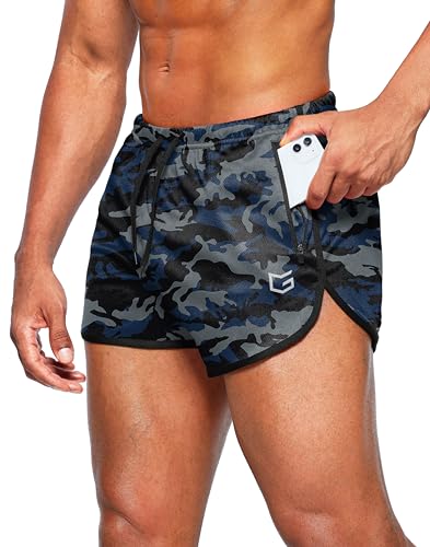 G Gradual Men's Running Shorts 3 inch with Zipper Pockets, Large Blue Grey Camo