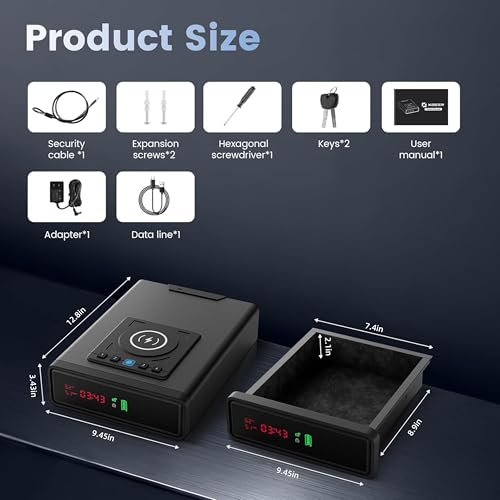 Biometric Gun Safe with Wireless Charging & Alarm Clock - Black