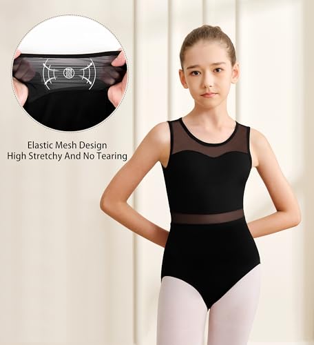 Girls Ballet Leotard Mesh Dance Top with Lining - Black, 10-12 Years