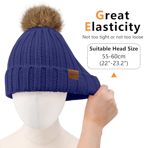 Women's Winter Knitted Beanie Hat with Faux Fur Pom - Navy Blue