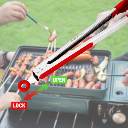 Heat-Resistant Silicone Kitchen Tongs - 9 & 12 Inch Red Set