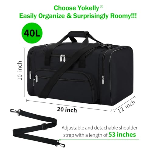 YoKelly 40L Black Gym Duffle Bag for Men, 20-Inch Travel Bag
