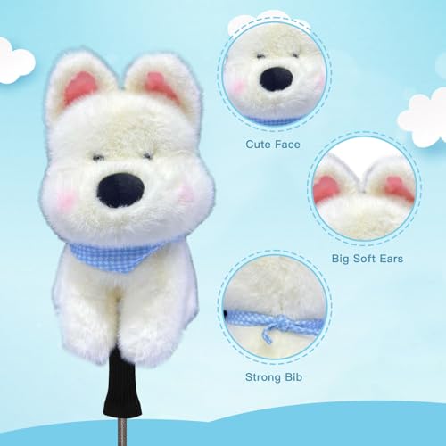 Cute Dog Golf Headcover, Animals Plush Golf Club Head Covers, Small Size Fits Hybird and Irons, Large Size Fits Standard 460cc Driver Head