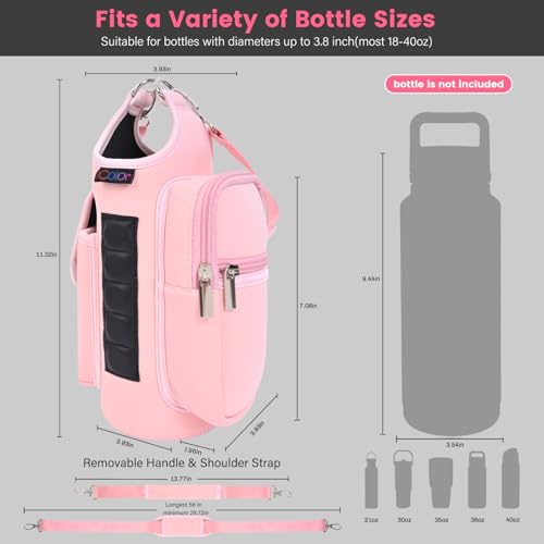 icolor Pink Neoprene Magnetic Gym Water Bottle Holder with Phone Pockets & Shoulder Strap