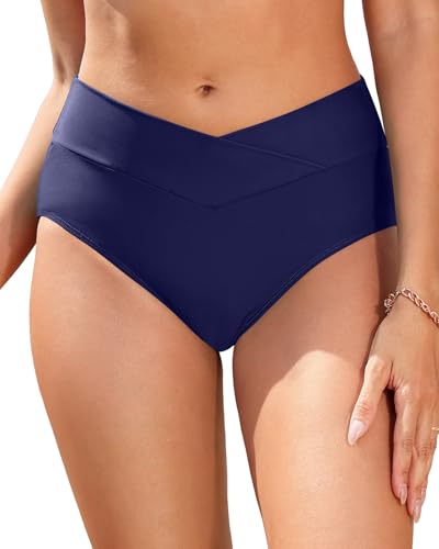 Zmart Women's High-Waist V-Cut Bikini Bottoms - Medium Navy Blue