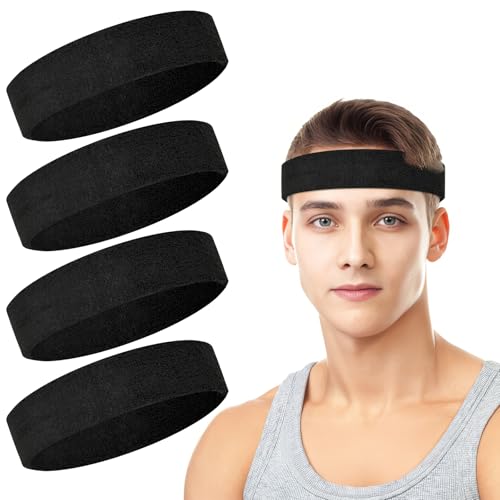 Cotton Terry Sweat Headbands Set - 4 Pack for Running & Gym - Black