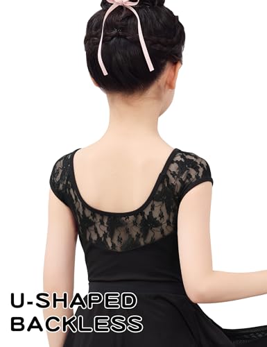 Girls Ballet Leotard with Lace Cap Sleeve - 9-10 Years Black Dancewear
