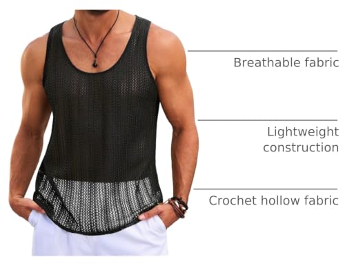 Mens Sleeveless Tank Top - Knitted Casual Hollow Out - Medium Black