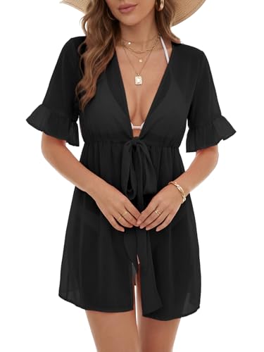 Women's V Neck Tie Knot Front Ruffle Sleeve Beach Coverup - Small/Black