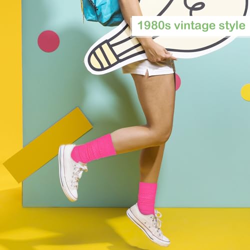 Slouch Socks for Women - 80s Neon Scrunch Socks - Fluorescent Green & Rose Red