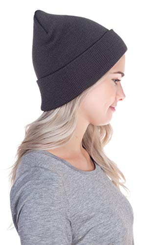Unisex Cuffed Knit Beanie Hat - One Size Dark Grey